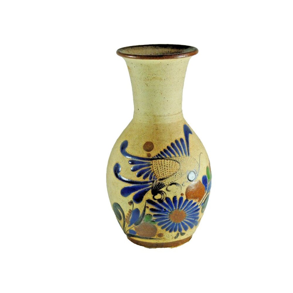 Vintage Tonala Mexican Sandstone Stoneware Pottery Vase Signed Floral Bird 8.5”